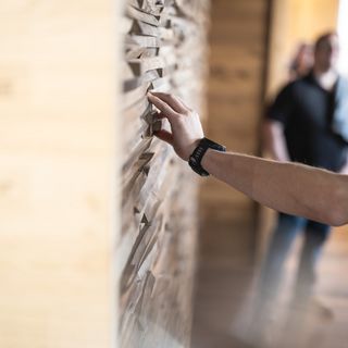 Person fühlt Holztextur an einer Wand beim Holzhändler Stark AG.