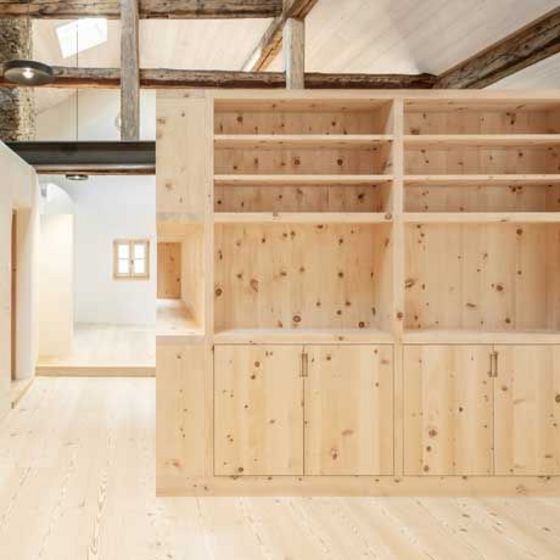 Holzinneneinrichtung mit Regalen und Schränken in einem modernen Raum mit Holzboden.
