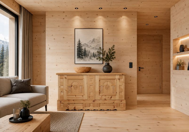 Modernes Wohnzimmer mit Holzmöbeln und Berglandschaftsbild.