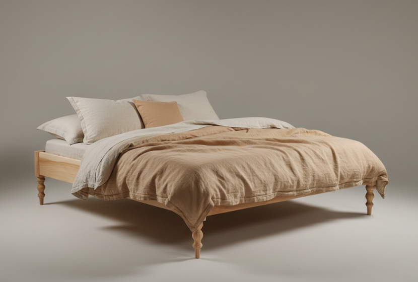 Holzbett mit beiger Bettdecke in modernem Design.