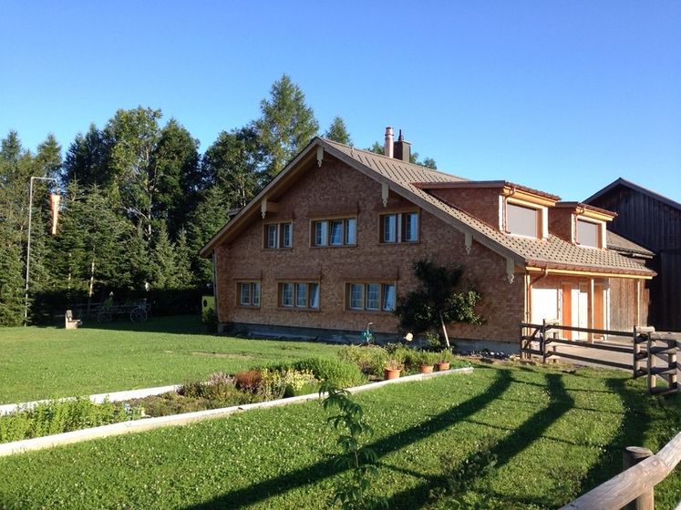 Gemütliches Holzhaus auf einem sonnigen Grundstück vor einer Baumreihe.