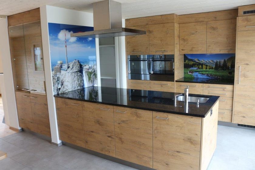 Moderne Küche mit Holzverkleidung und grossformatigen Landschaftsmotiven.