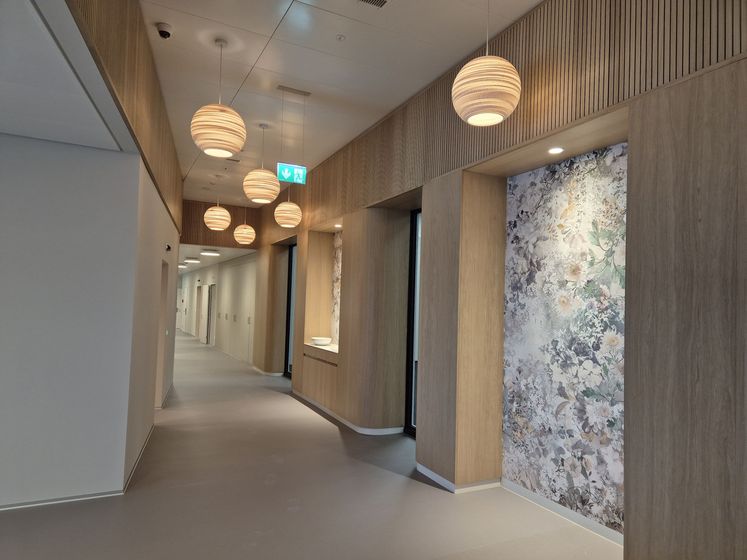 Modern gestalteter Flur mit hölzernen Akustikwandverkleidungen und dekorativen Pendelleuchten in einem Innenausbauprojekt.