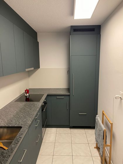 Moderne Küche mit dunkelgrauen Holzschränken und Granit-Arbeitsplatte.