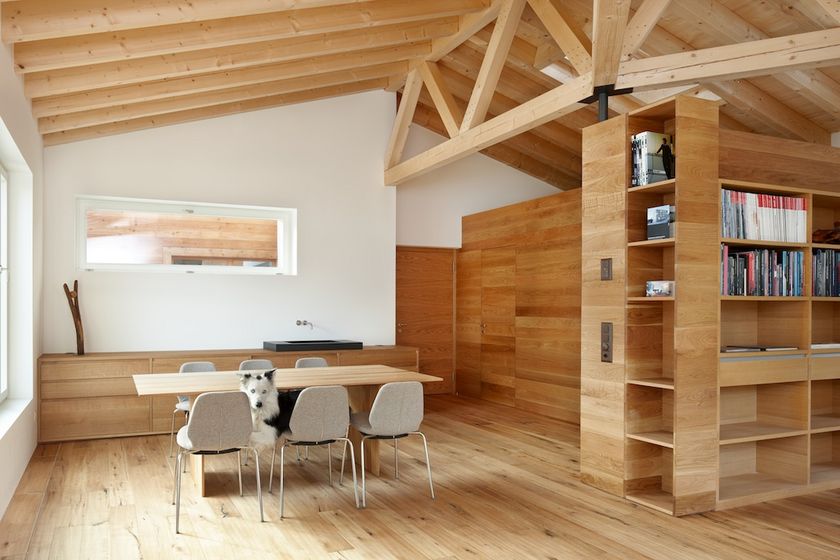 Modernes Interieur aus Holz mit Esstisch, Stühlen, Bücherregal und Hund in hellem Raum.
