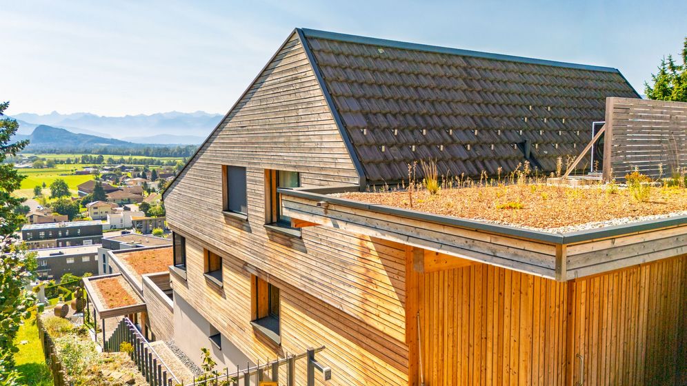 Modernes Holzhaus mit begrüntem Dach in ländlicher Umgebung.