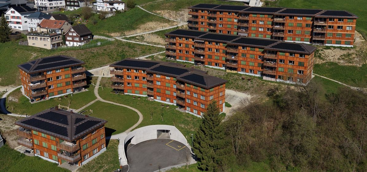 Mehrere moderne Holzhäuser auf einer grünen Anhöhe umgeben von kleinen Wohnhäusern.