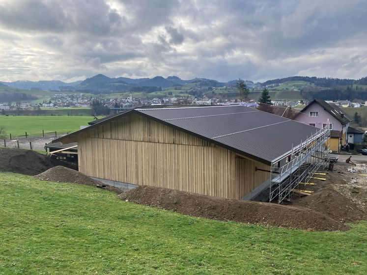 Holzgebäude im Bau mit Gerüst in ländlicher Umgebung.