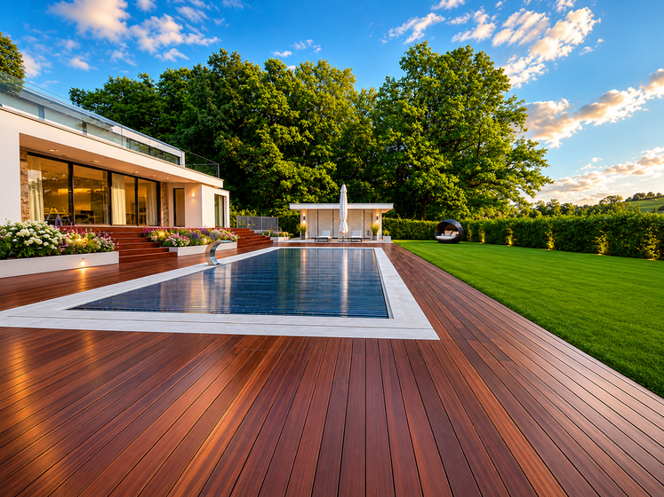 Moderne Terrasse mit Pool und Holzdeck bei Sonnenuntergang.