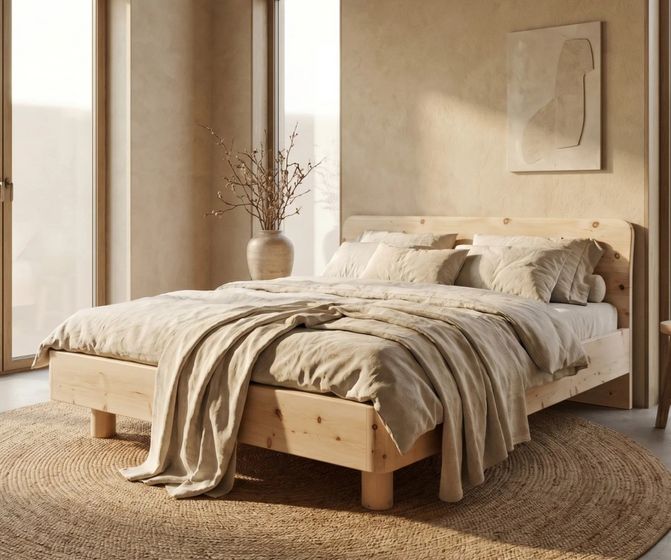 Modernes Schlafzimmer mit Holzbettrahmen und natürlicher Dekoration.