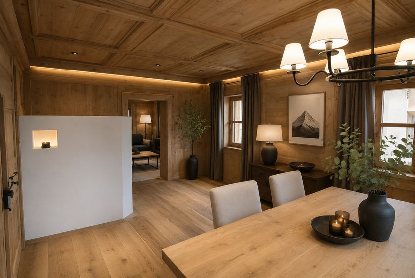 Gemütlicher Innenraum mit Holzverkleidung und stilvoller Dekoration.
