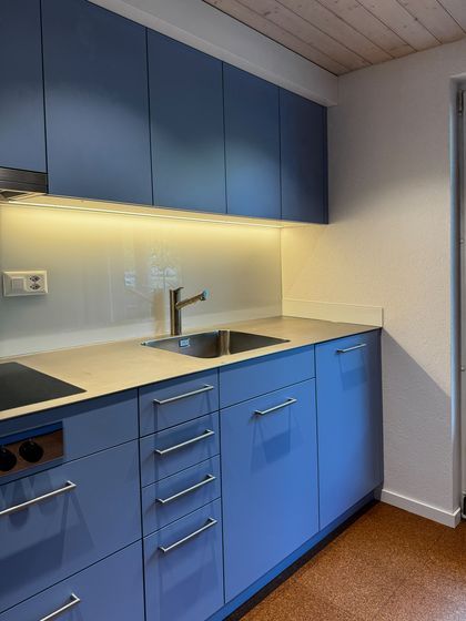 Moderne Kücheneinrichtung mit blauen Schränken und Spüle aus hochwertigen Materialien.