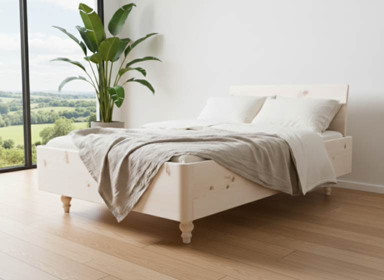 Helles Holz-Bett mit Bettwäsche und Pflanze im modernen Innenraum.