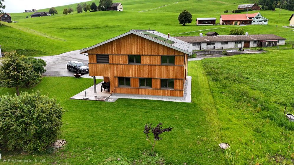Modernes Holzhaus in grüner Landschaft mit umliegenden Gebäuden.