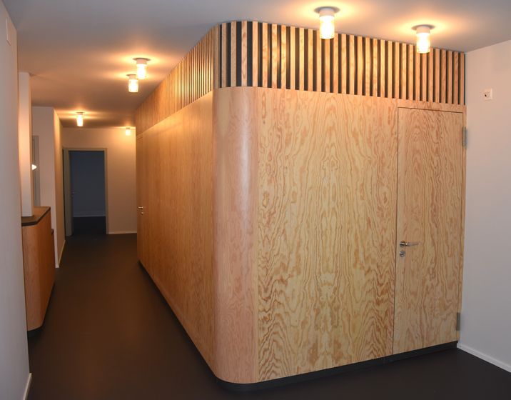 Moderner Flur mit Holzverkleidung und Akustik-Elementen.