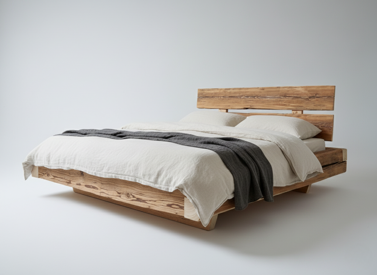 Holzbett mit Leinenbettwäsche in modernem Design