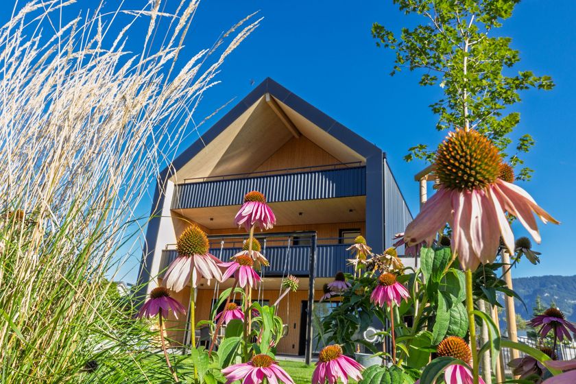 Moderne Holzkonstruktion mit Blumen im Vordergrund.