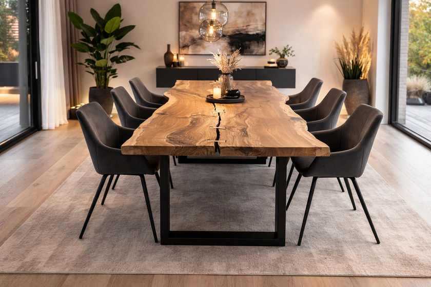 Eleganter Holz-Esstisch in modernem Esszimmer.