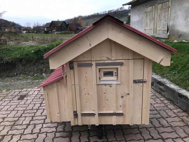 Kleines Holzhaus auf Rädern in ländlicher Umgebung.