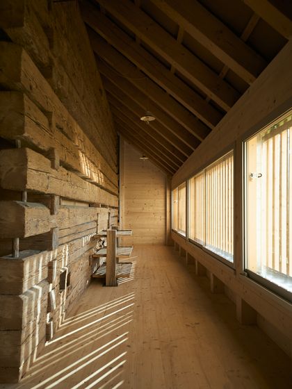 Holzverkleideter Flur mit grossen Fenstern und modernem Design.