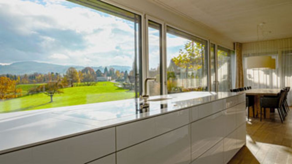 Moderne Küche mit Blick ins Grüne.