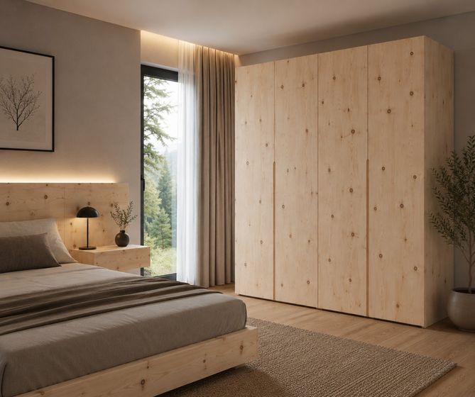 Modernes Schlafzimmer mit Holzmöbeln und grossen Fenstern, die einen Waldblick bieten.