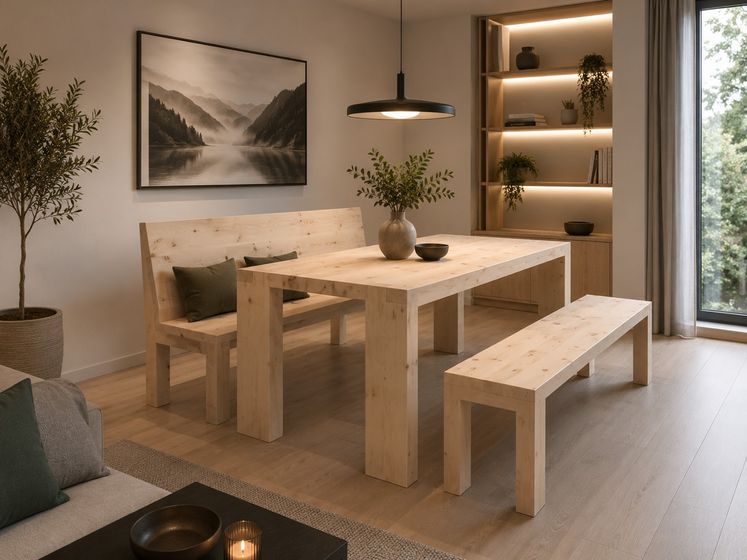 Moderner Essbereich mit Holzmöbeln und Akzentbeleuchtung.