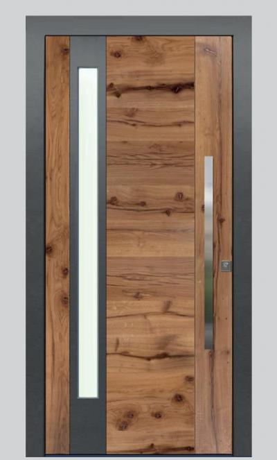 Rieder-Haustüre Alt-Eiche horiz. 18/01 Aussen Stock Alu Ral 7016, Glas Satinato Rahmenaussenmass