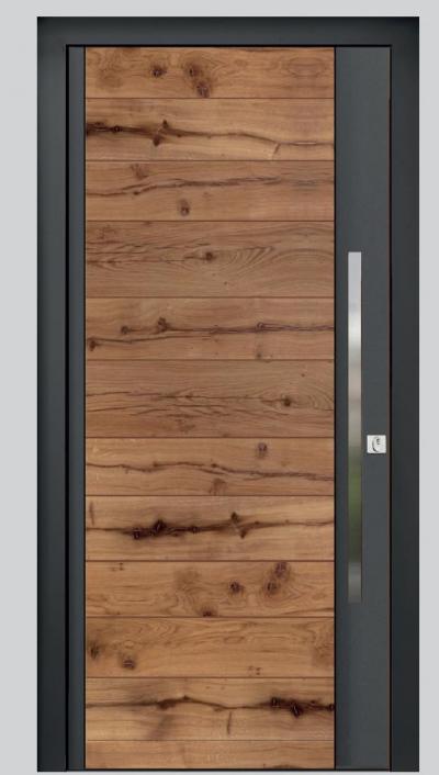 Rieder-Haustüre Alt-Eiche horiz. 18/05 Rillenfräsung, Aussen Stock Alu Ral 7016 Rahmenaussenmass