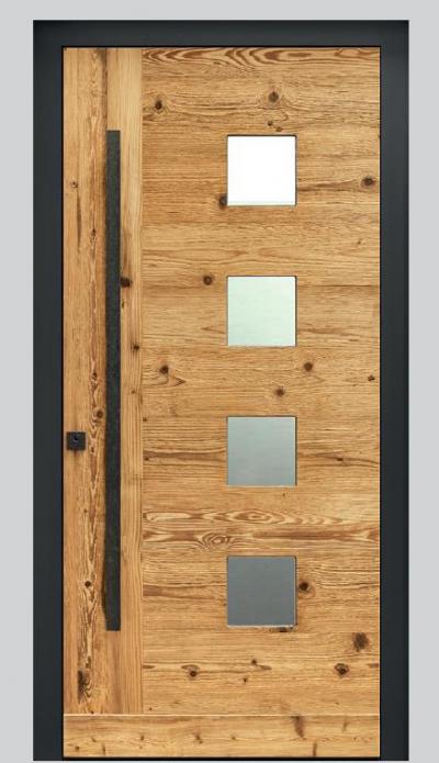 Rieder-Haustüre Fichte Altholz he. 18/09 Aussen Stock Alu Ral 7016, Glas Satinato Rahmenaussenmass
