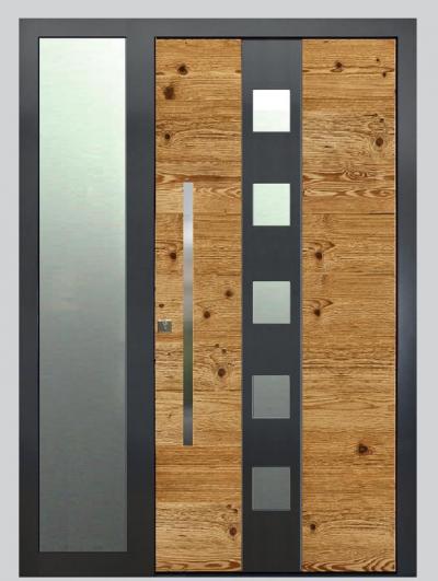 Rieder-Haustüre Fichte Altholz h. 18/10 mit Seitenteil,Aussen Stock Alu Ral 7016 Rahmenaussenmass