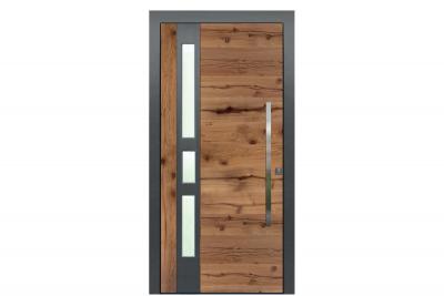 Rieder-Haustüre Alt-Eiche horiz. 18/03 Aussen Stock Alu Ral 7016, Glas Satinato Rahmenaussenmass